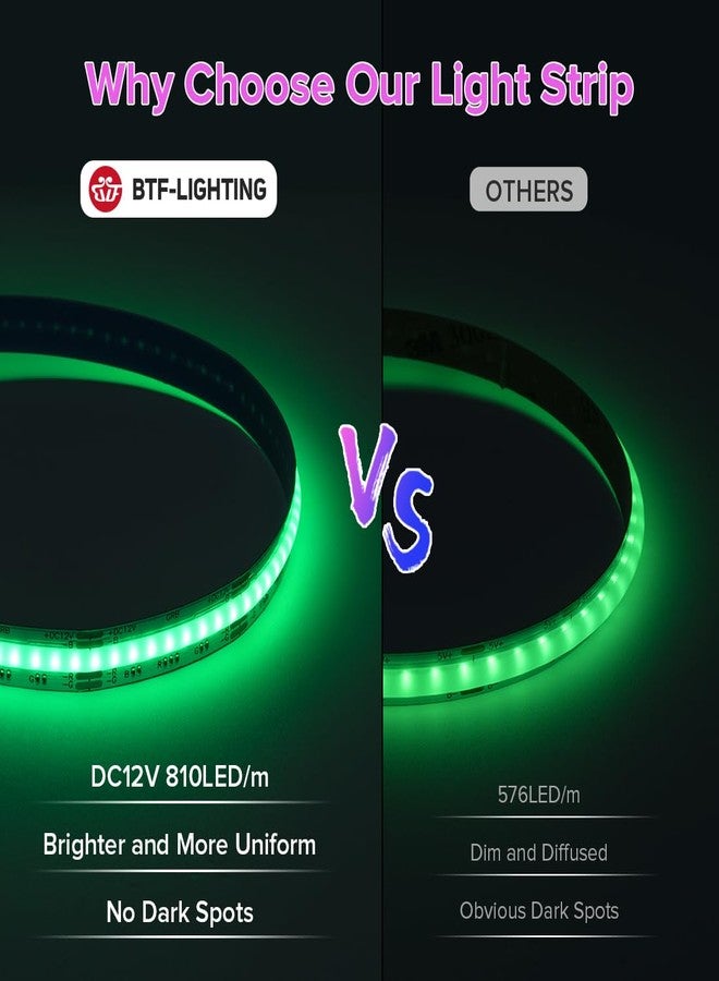 BTF-LIGHTING شريط إضاءة LED من نوع BTF-LIGHTING FCOB COB RGB، 810 مصباح LED/متر، 9.8 قدم، يعمل بجهد 12 فولت تيار مستمر، متغير اللون، مرن، عالي الكثافة، إضاءة موحدة، عرض 10 مم، مناسب لغرف النوم والديكورات الداخلية للمنزل (بدون محول أو وحدة تحكم). - Image 2